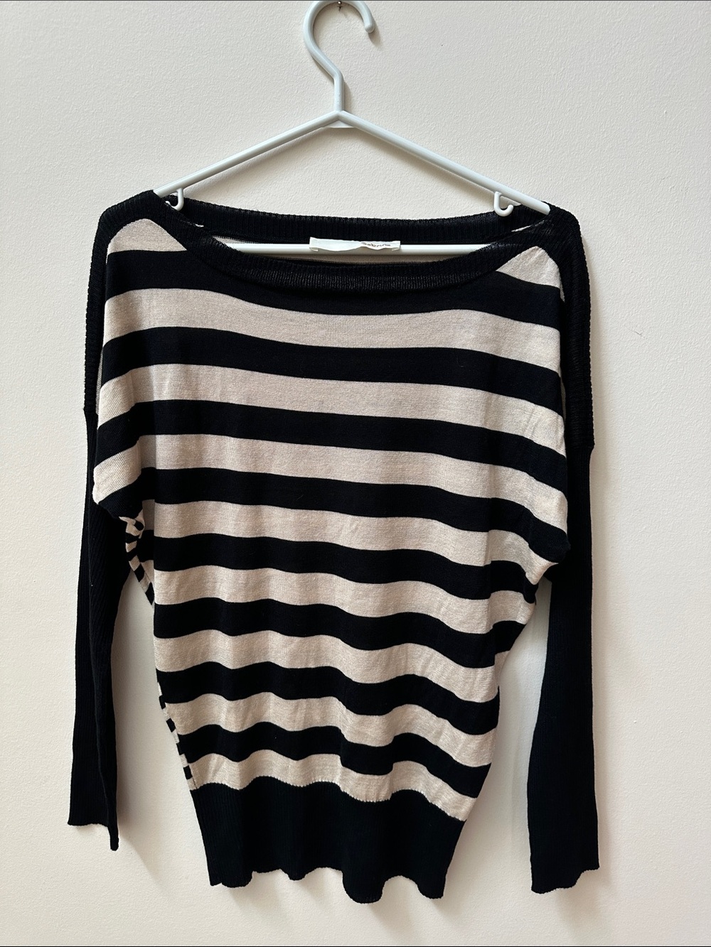 Italian Wool and Cashmere Black and Cream Striped Off-the-Shoulder Sweater